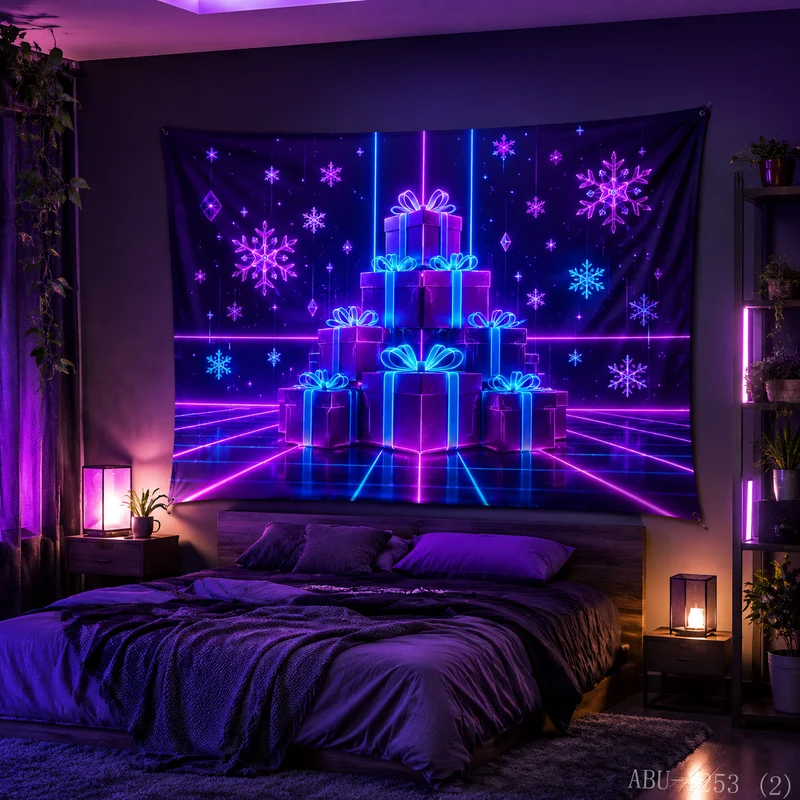 VIKAMA Purple Blue Neon Gift Box Stacked Christmas Tree Mirror Snowflake Tapestry, HD Cloth, Stacked Tree Holiday Room Decor