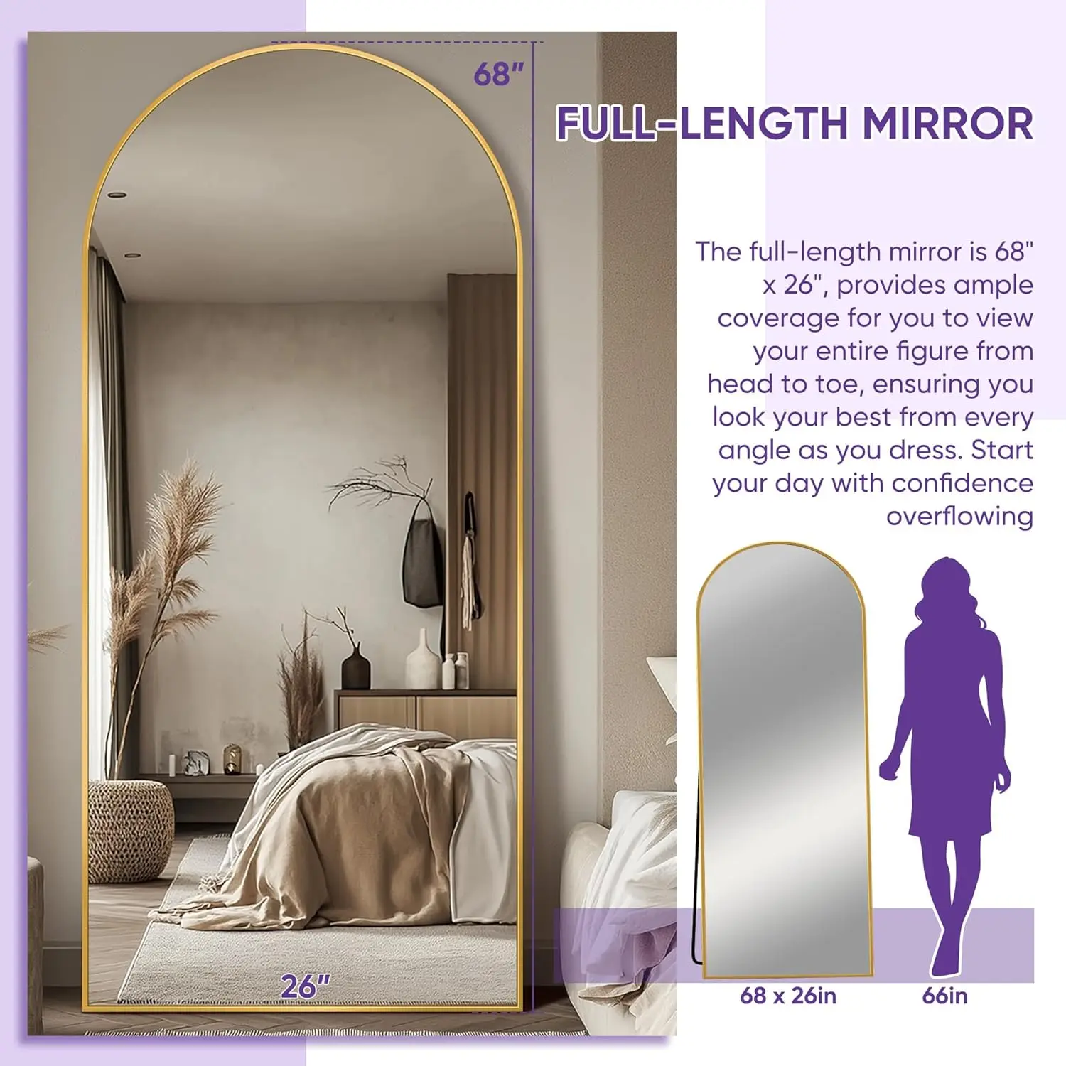 Gewölbter, bodenstehender Ganzkörperspiegel, 68 x 26 freistehend, für Schlafzimmer, zum Aufhängen montierbar, großer Wandspiegel