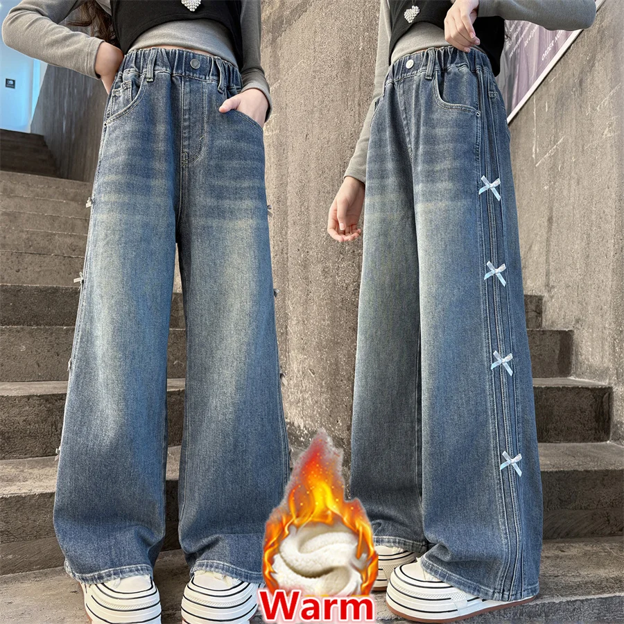 Elegant Child Winter Loose Fit Jeans for Girls with Bows Kids Fashion Warm Insulated Denim Pants Fleece Lined Bowknot Trousers