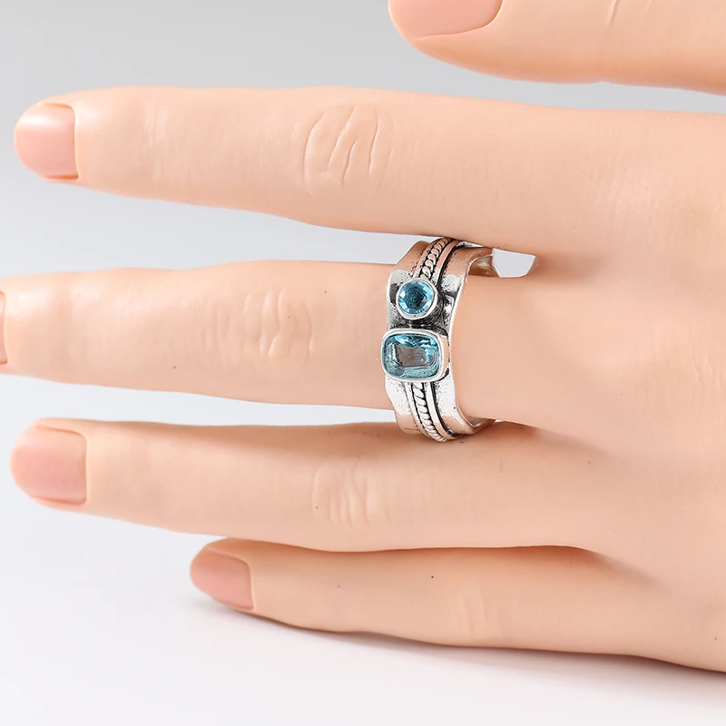 Vintage Inlaid Sea Blue CZ Women's Ring Sparkling Silver Color Hand Carving Daily Wear Party Jewelry Anniversary Gift