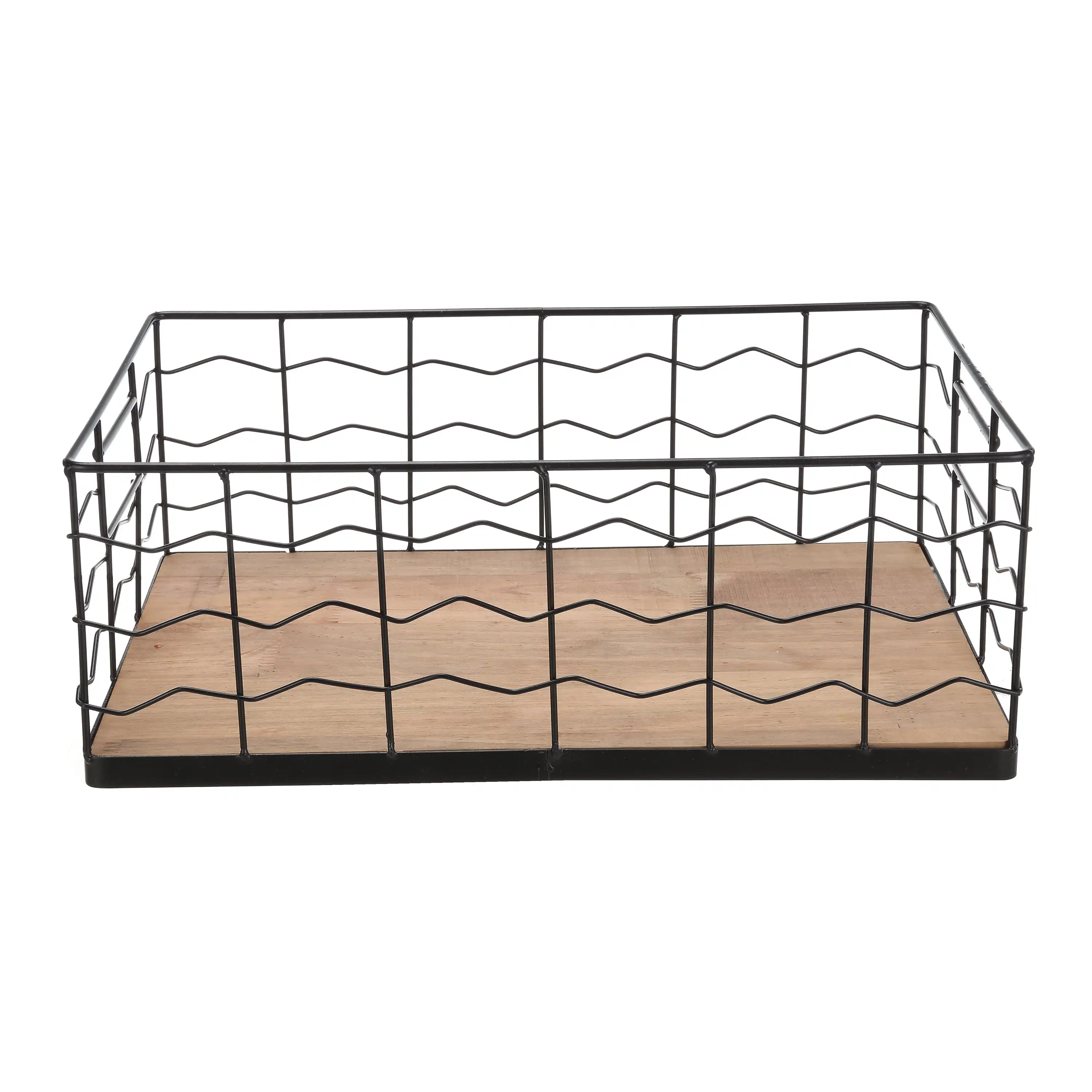 

Decorative Black Wire Basket with Wood Board Base