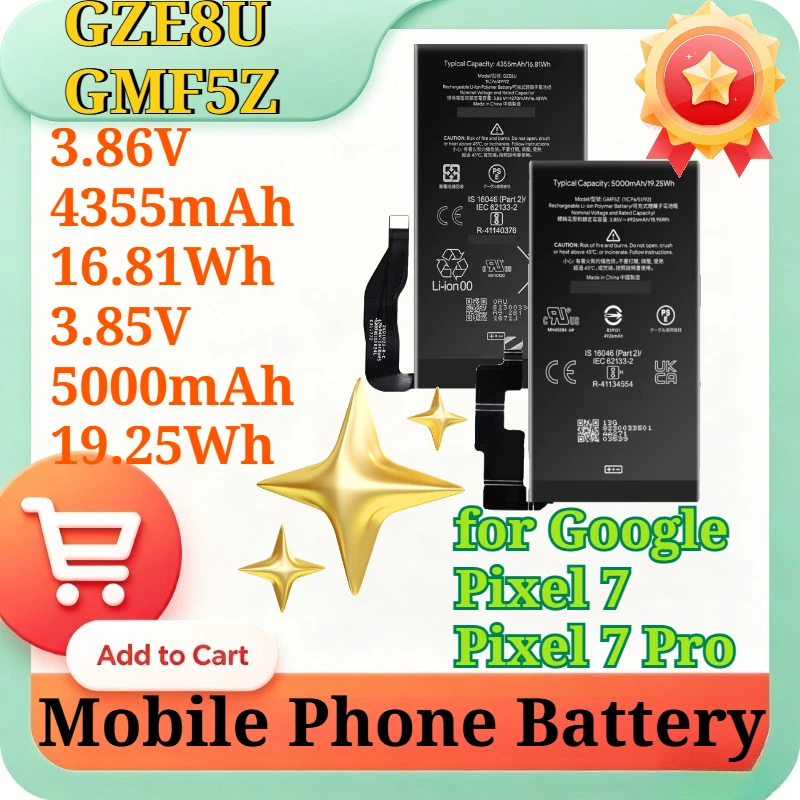 GZE8U GMF5Z 3.86/3.85V 4355/5000mAh 16.81/19.25Wh Replacement Li-Polymer Battery for Google Pixel 7 7 Pro Mobile Phone Battery