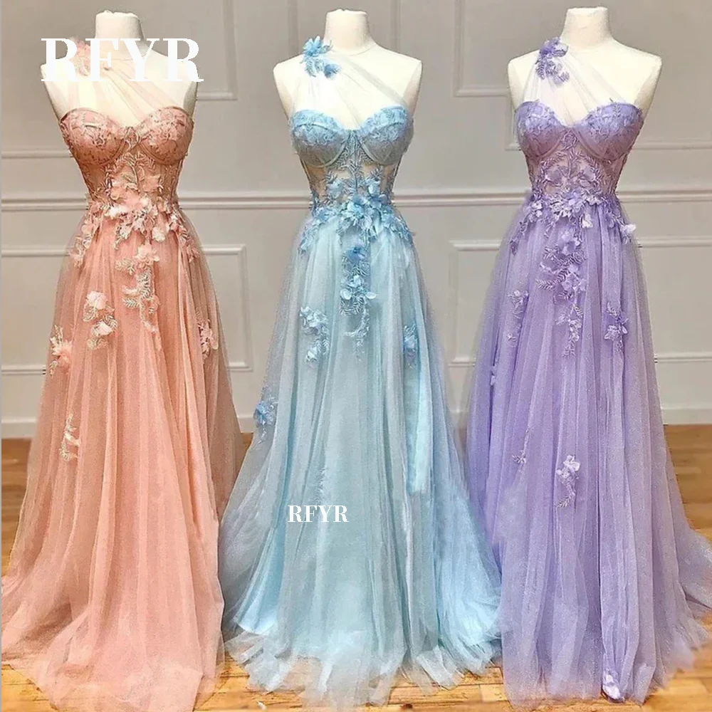 RFYR Tule A linha Prom Dress Vestido De Noite Azul Escuro Sexy Um Ombro Lado Split فستان سهرة Princesa Vestidos De Festa Personalizado