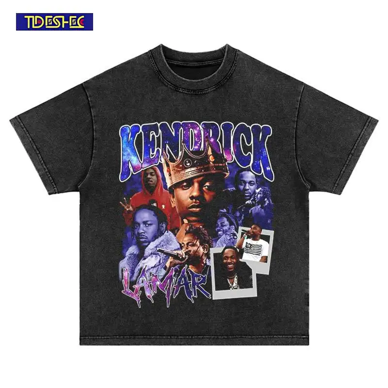 Hip Hop Crown Portrait Print T-Shirt Summer Vintage Streetwear Harajuku Fashion Washed Oversized Leisure Cotton Neutral Tshirt