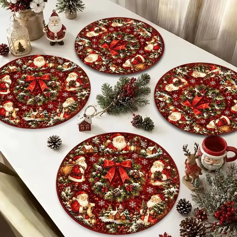 VIKAMA Green Wreath Deer Bow Round Placemat, 3 Designs, Table Mat for Kitchen Dining Party