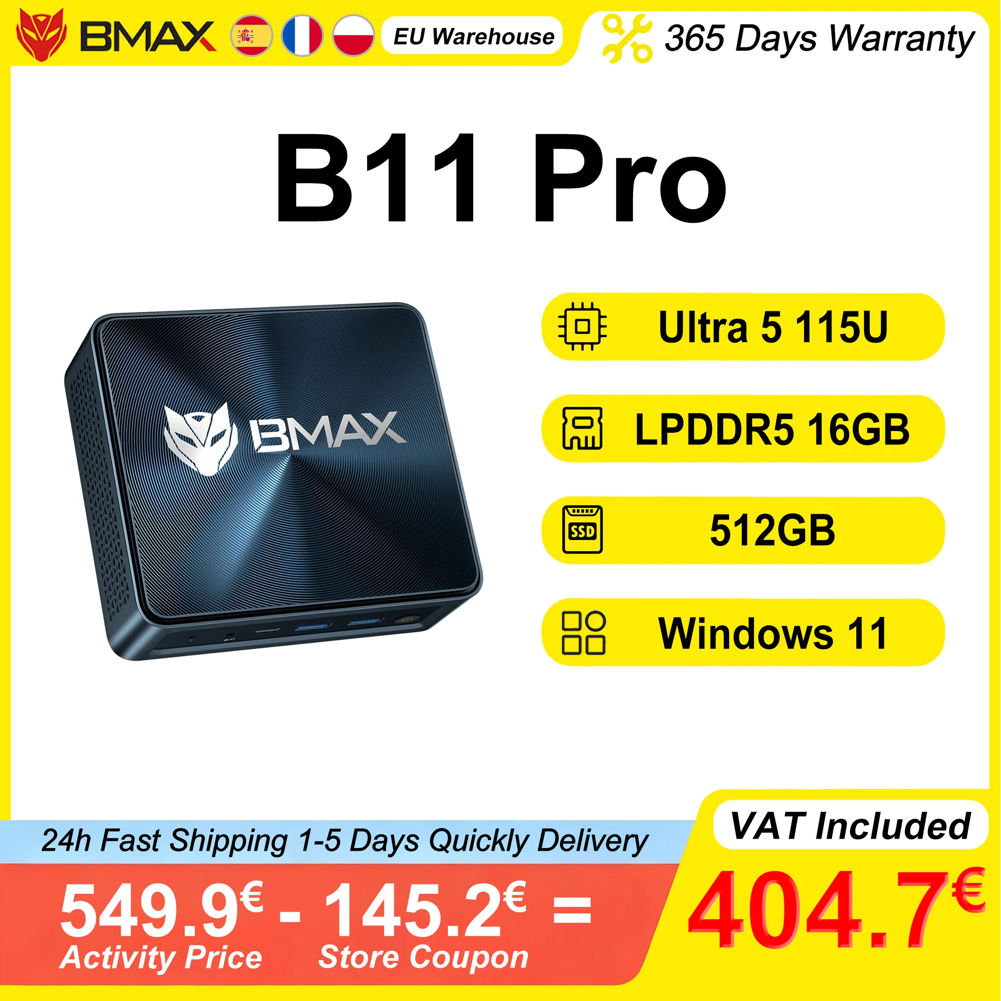 BMAX B11 Pro Mini-PC Intel Ultra 5 115U 16GB LPDDR5 4400MHz RAM 512GB SSD Windows 11 WiFi 6 USB HDMI Typ-C Bluetooth 5.2