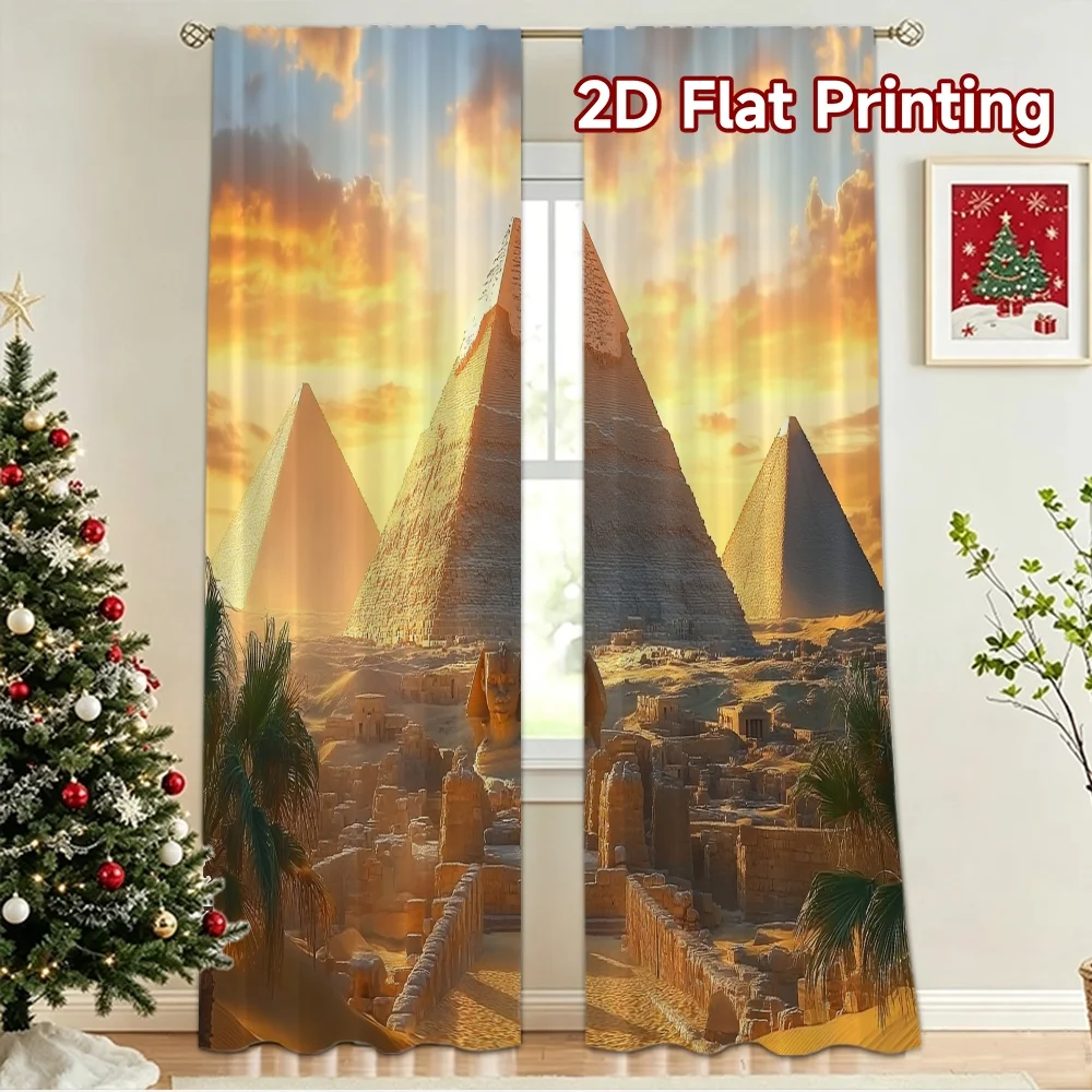 2D flat 2pcs Curtain Vintage drapes and curtains Golden Pyramids at Sunset Durable polyester fiber Holiday Decorations for