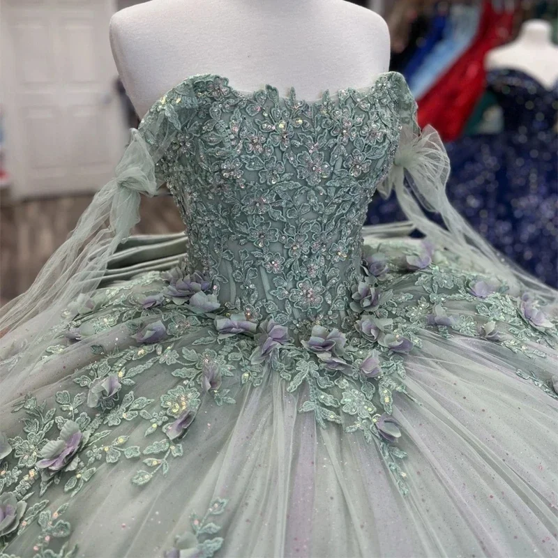 Kendny-Robe de Quinceanera de Princesse Vert Clair, Perles Florales 3D, Off Initiated, Robe de ThydrBall, Personnalisée, 15 Ans