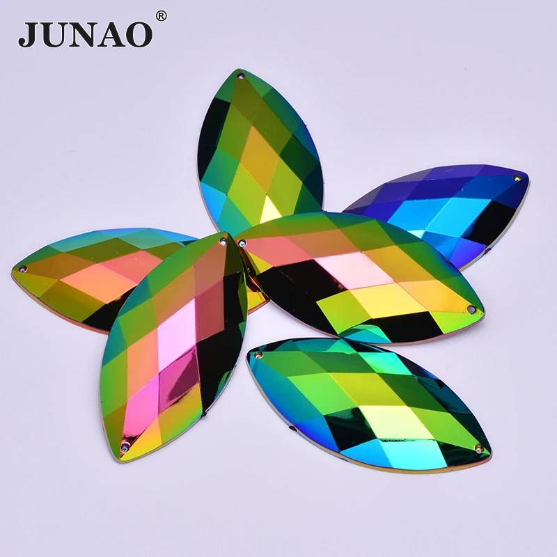 JUNAO 30*62mm Sew On Large Crystal AB Rhinestone Sewing Horse Eye Acrylic Stones Appliques Flat Back Strass Diamond