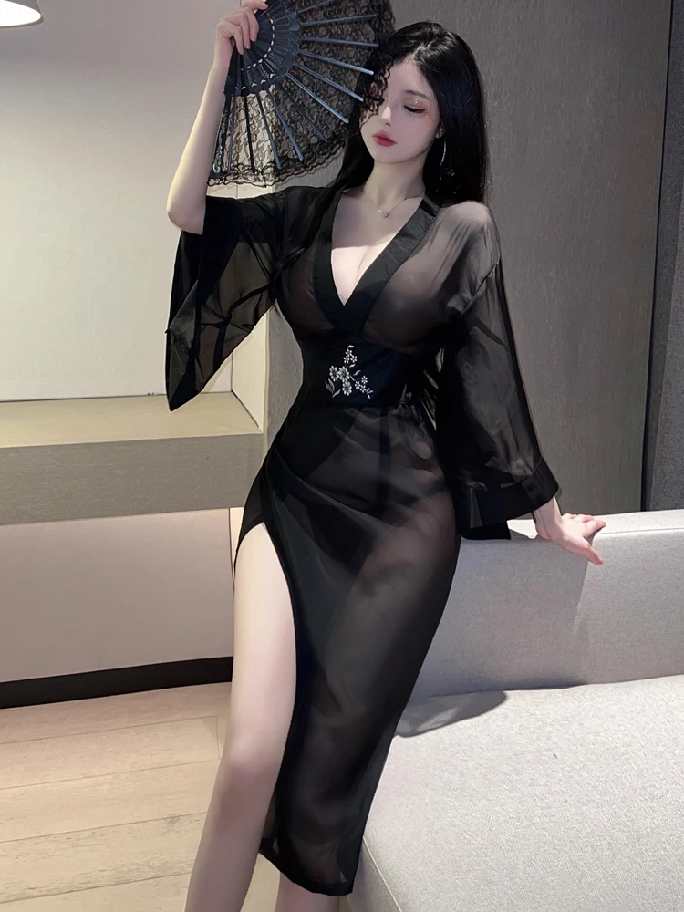 

Сексуальное кружево, прозрачное вышитое длинное платье Hanfu с глубоким v-образным вырезом и высоким разрезом, orm Dr Pure Desire Sle Svel Body...