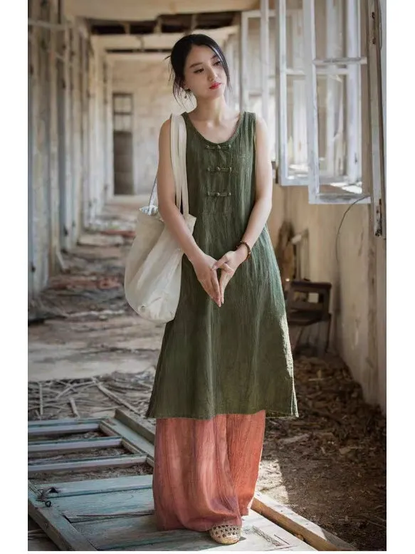   Nuevo Chino Sle Midi Dr bordado azul Tie Dye chaleco falda suelta ajuste redondo Neline No Sve Retro viaje