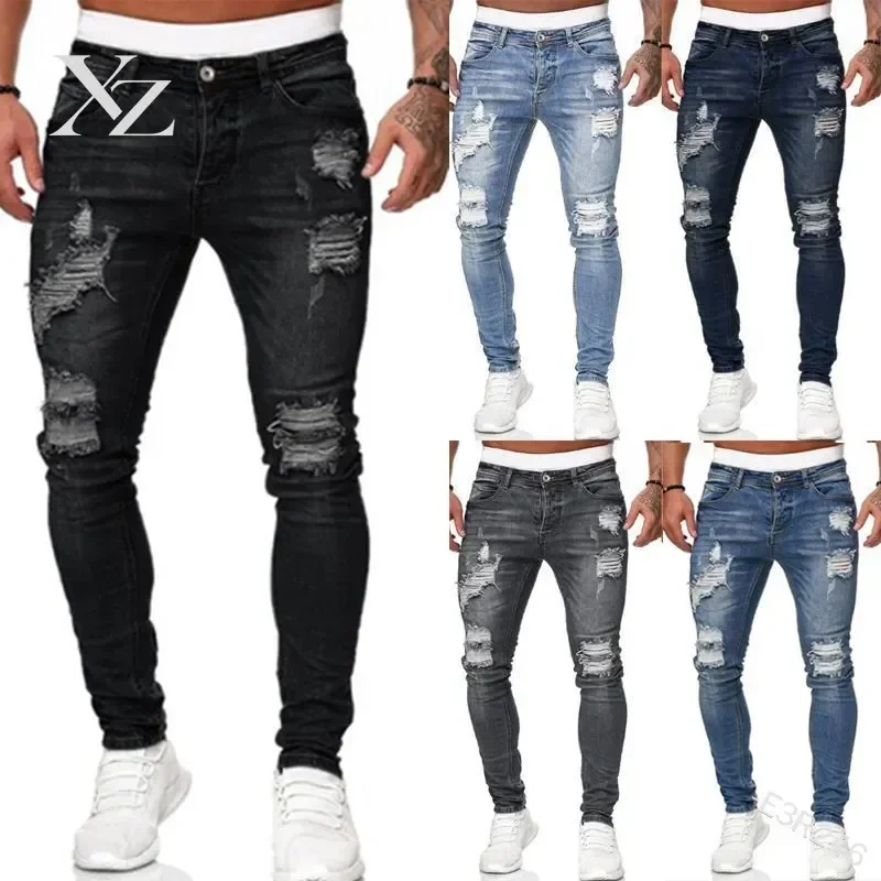 Men Jeans Knee Hole Ripped Stretch Skinny Denim Pants Slim Fit Trousers Hip-Hop Style Solid Color Black Blue Autumn Summer S-4XL