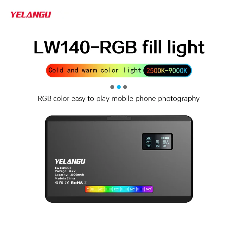 YELANGU RGB LED Video Light W140 Camera Light Full Color Dimmable 2500-9000K Fill Light Live Vlog Photography Photo Studio Lamp