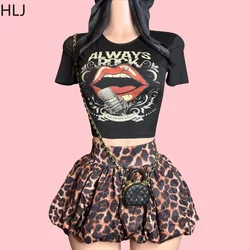 HLJ&GG Y2K Leopard Print Puffy Mini Skirts Two Piece Sets Women O Neck Short Sleeve Crop Top + Skirts Outfits Fashion Streetwear