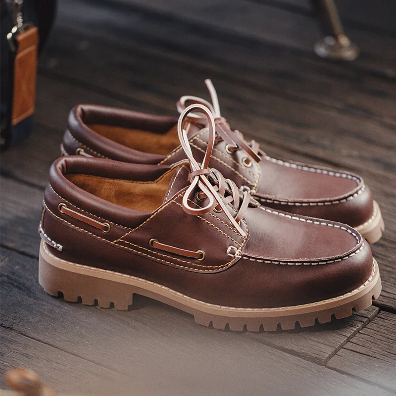 Maden Men's Vintage Genuine Leather Derby Shoes Second-layer Cowhide Boat Shoes Round Toe Low Top Boots British Style Work Shoes