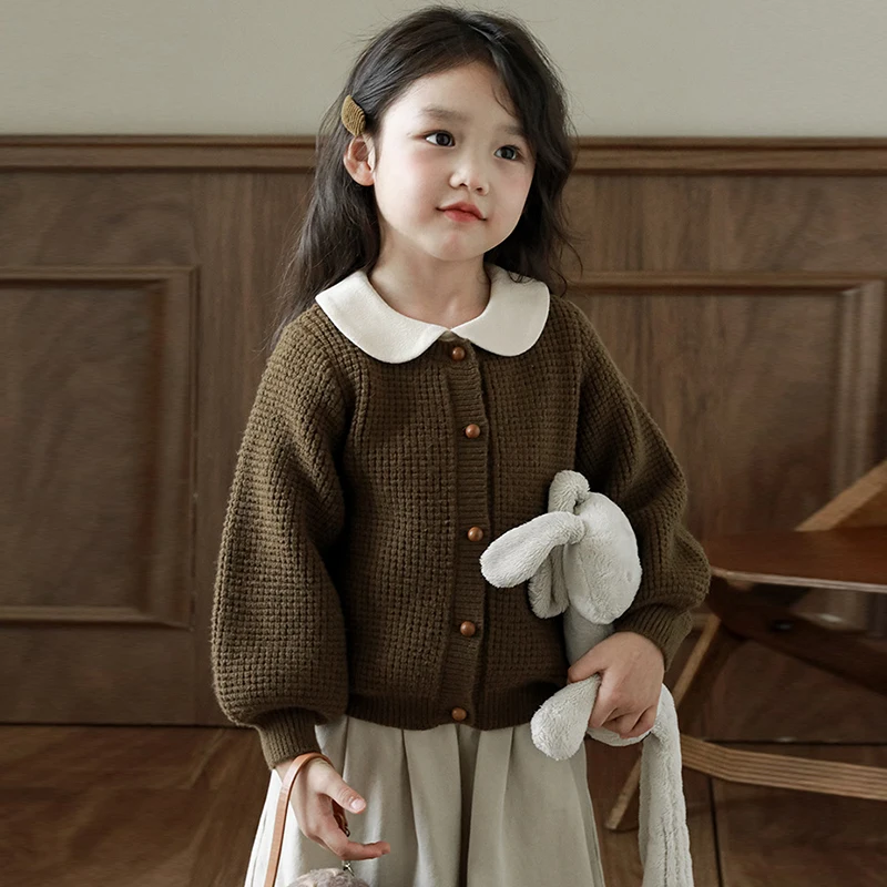 

Girls Retro Knitted Sweater Cardigan 2023 Autumn New Children's Casual Round Neck Solid Color Buttons Long-Sleeved Coats