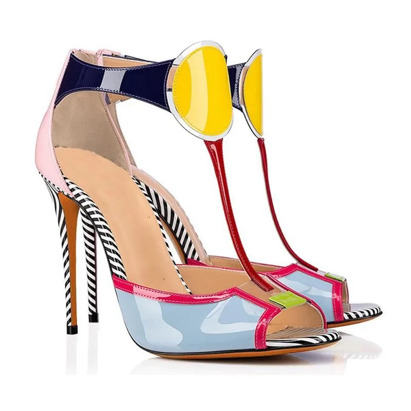 

Sexy Woman Macaron Mixed Color Striped High Heel Sandals Multi Patent Leather Peep Toe T- Strap Thin Heel Banquet Shoes