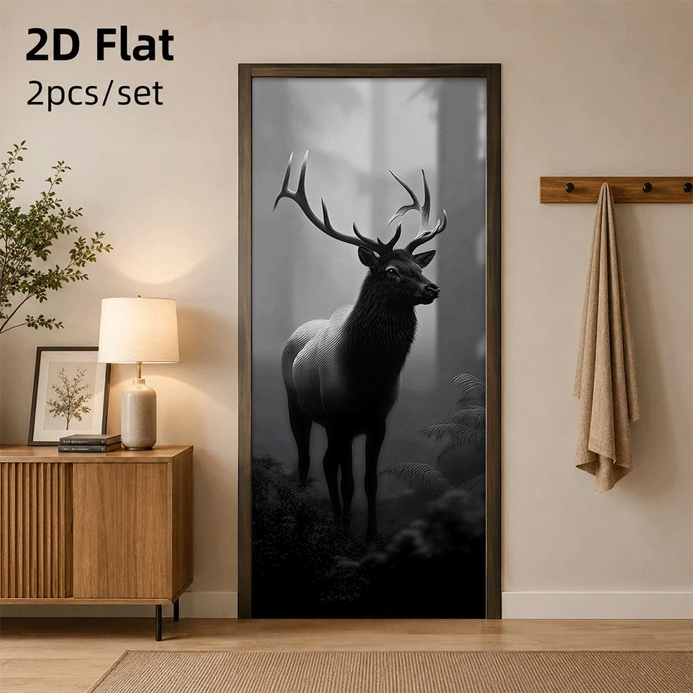 1 mysterious forest elk door sticker with dark art decoration sticker, waterproof self-adhesive, removable 2D flat surface