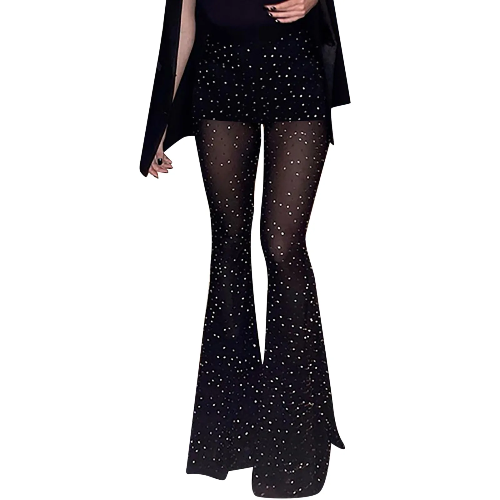 بقماش شفاف Bootcut سراويل تقليدية المرأة عالية الخصر حجر الراين تصميم متوهج بنطال ذو قصة أرجل واسعة الإناث ريترو ملابس للنادي السراويل بالازو #4