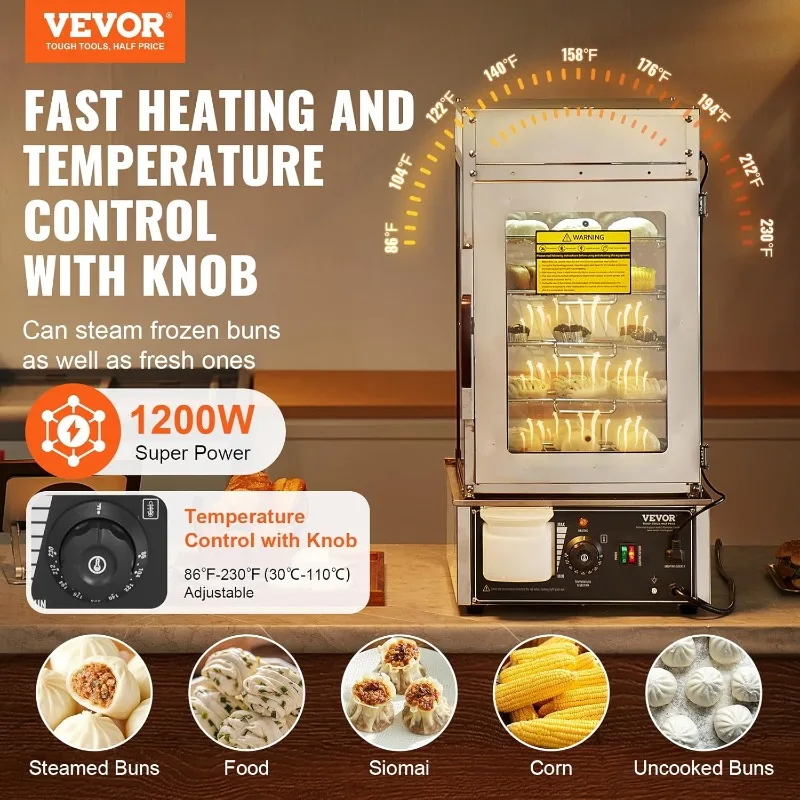شاشة تسخين الطعام التجارية VEVOR، آلة تدفئة كعكة الطعام بالبخار من 5 طبقات، 86 ℉ ~230 ℉   التحكم في درجة الحرارة، غير القابل للصدأ