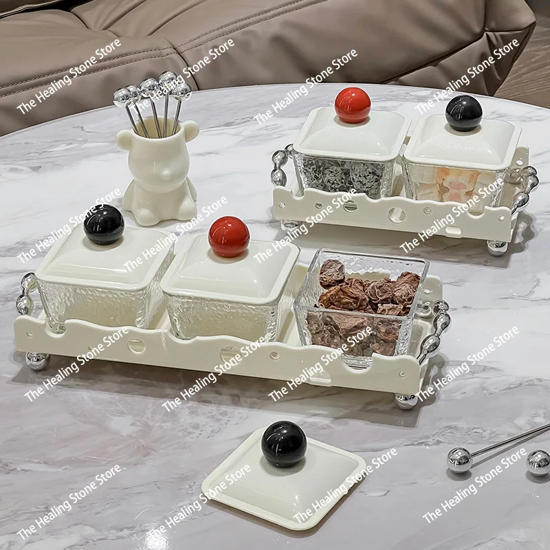 Cream wind simple grid fruit plate household living room tea table snacks plate fruit plate snack storage box with lid