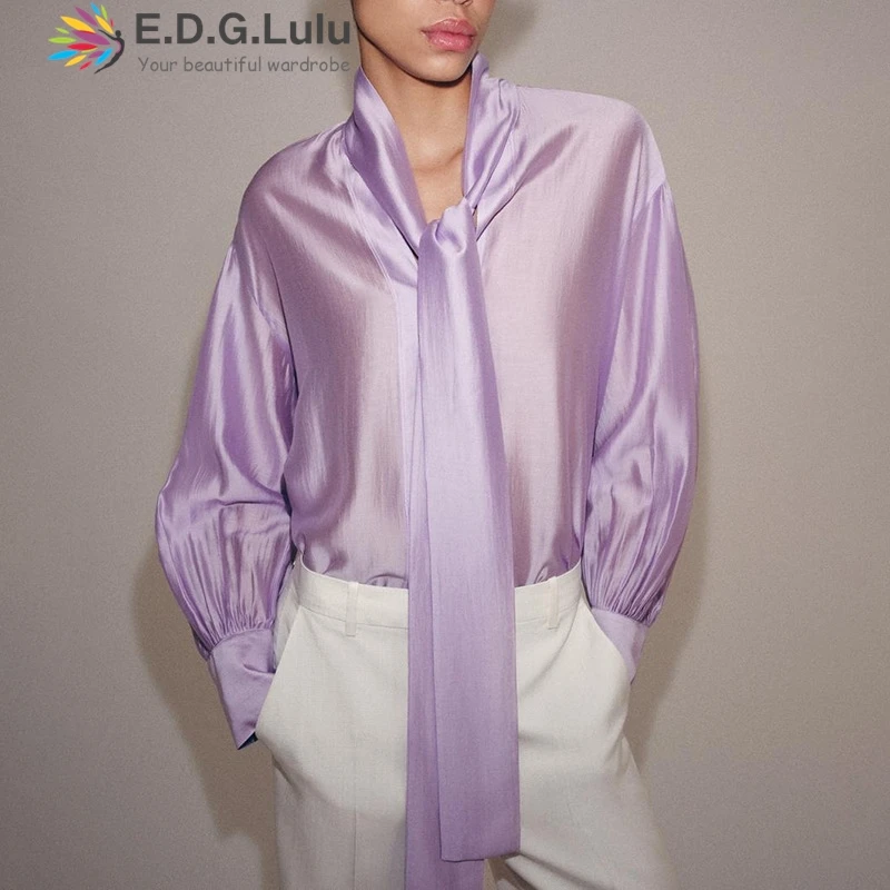 

EDGLuLu Design Round Neck Lace-Up Ribbon Long Sleeve Blouse Leisure Versatile High Quality Purple White Loose Top Blouse 0504