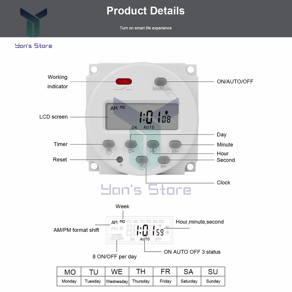 1 Second Interval 5V 12V 24V 220V Digital LCD Timer Control Switch 7 Days Weekly Programmable Time Relay Programmer CN101S