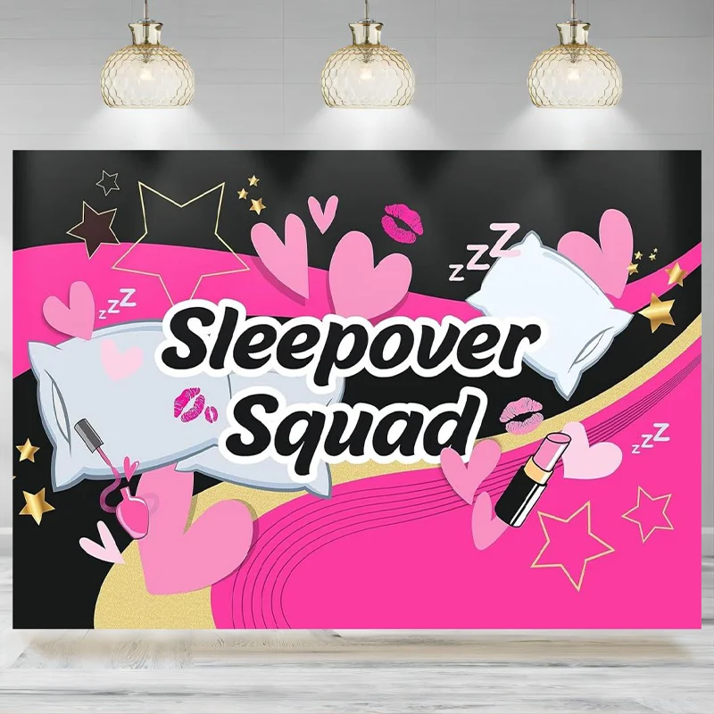 Slumber Party Backdrop Sleepover Squad Background Decoration Pajama Pillow Makeup Banner Photography  Supplies