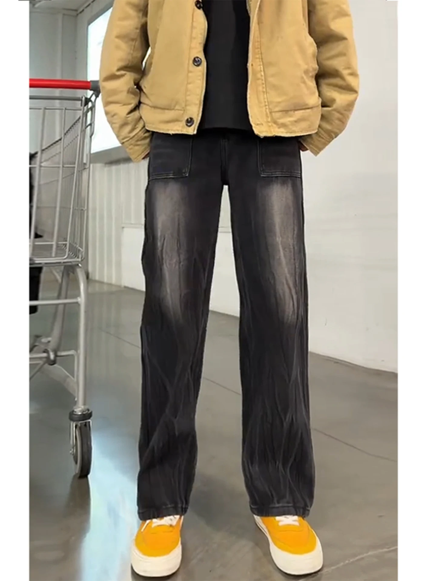 

Retro Fla Pattern Fce Lined Straight Leg Men's Workwear Jeans mid Waist Zipper Closure Daily Wear Winter Season