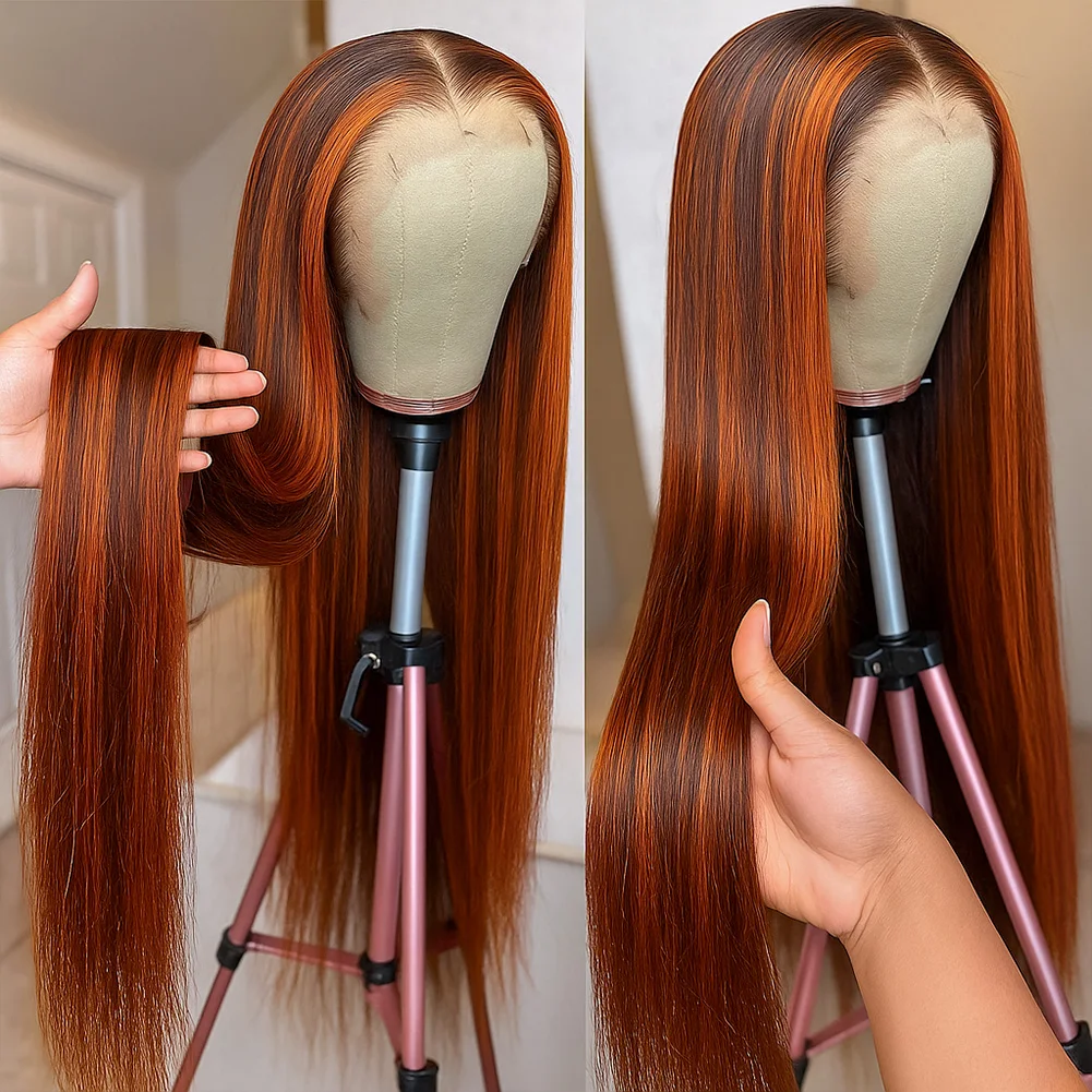 

Без шелка, рыжий, коричневый, прямые кружевные передние парики с застежкой, человеческие волосы 5x5, предварительно вырезанный кружевной бесклеевой парик, омбре, рыжий # 4/350