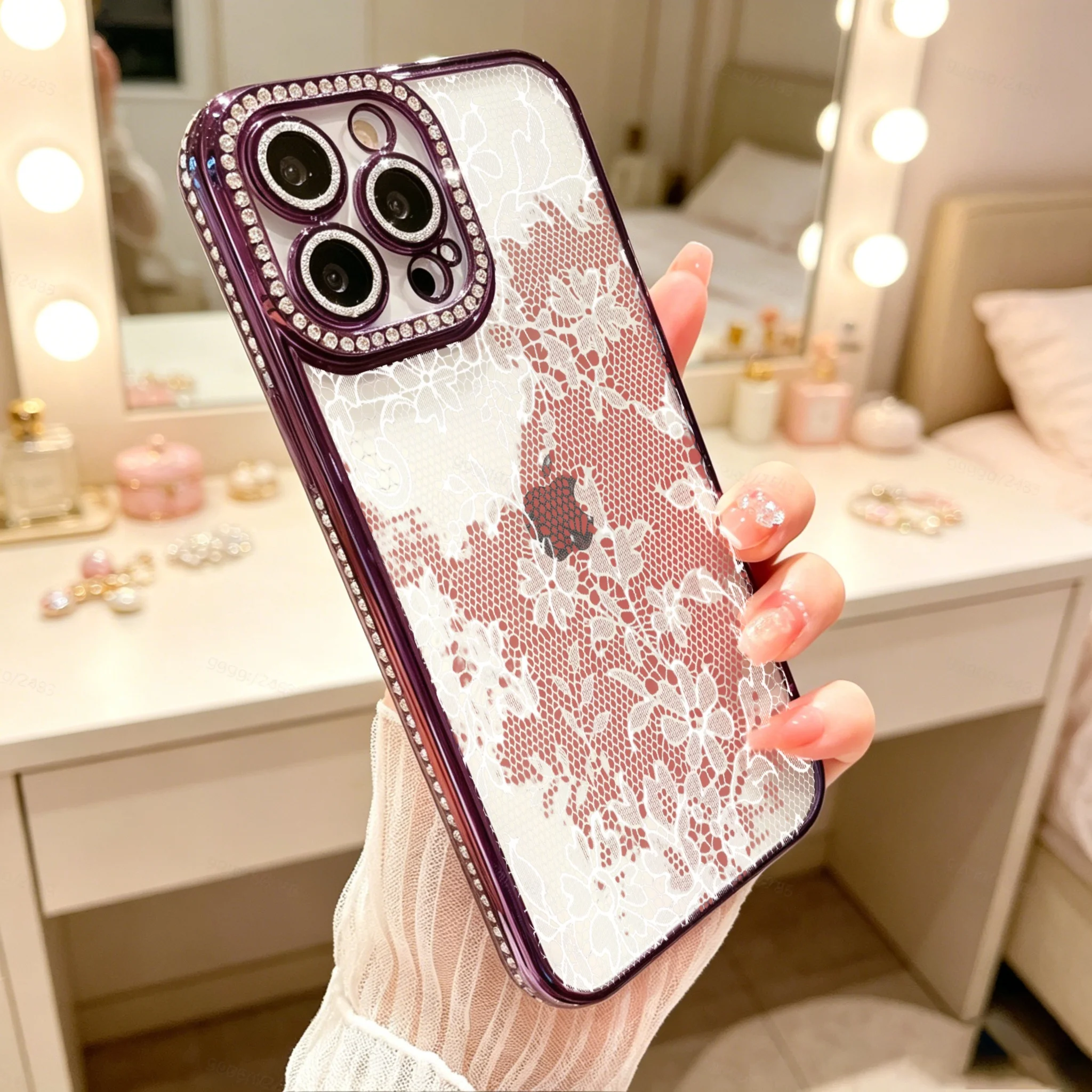 Diamond Electroplated TPU Phone Case for iPhone,  Elegant Lace Phone Case, Purple Rhinestone Camera Frame With Floral Pattern Design  , Luxury Glitter Rhinestone Frame, Built-in Lens Protector, Anti-Slip Shockproof Clear Cover - view 3