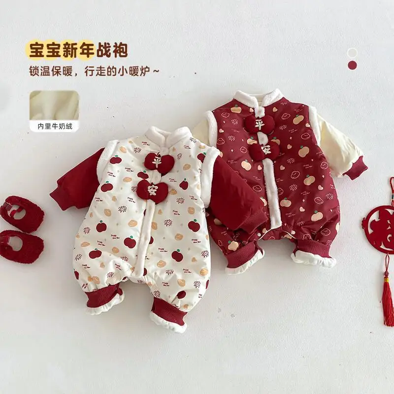 

Fashion Children's Clothing Baby Thicken Festive Baby Bodysuit Fleece Lined Baby Chinese Winter Block Thicken Keep Warm Cartoon