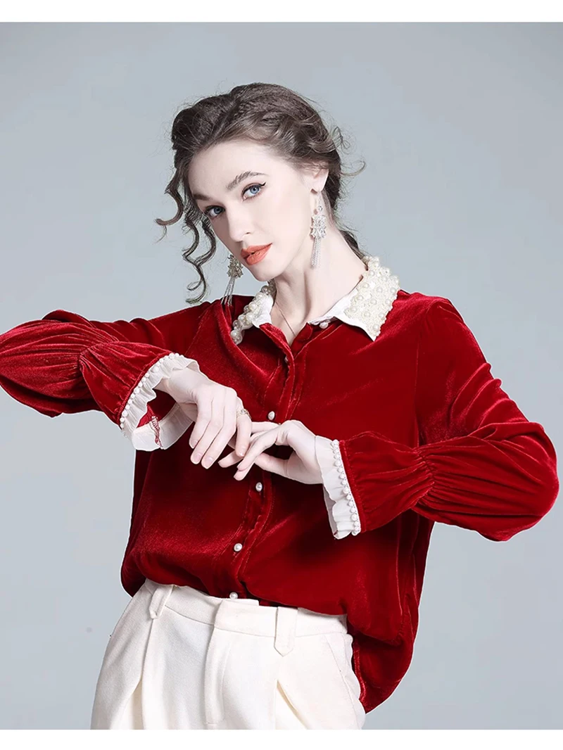 Fengboyu Luxe zijden fluwelen damesoverhemd met parelkraag Top met lange mouwen Elegant Hoogwaardig Modieus Zakelijk Casual