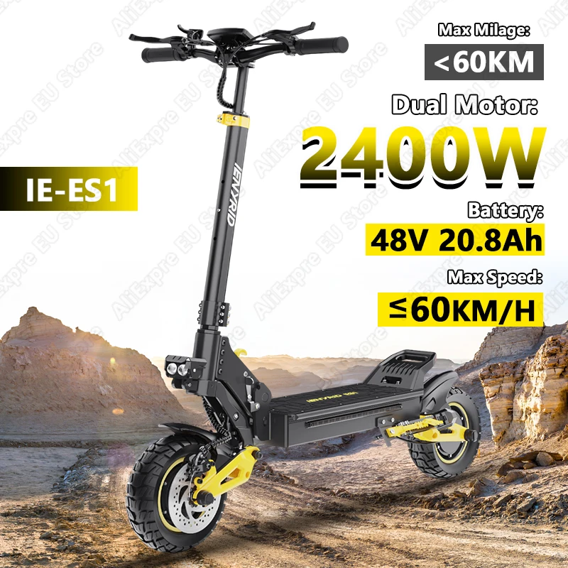 Scooter électrique IE-ES1 pour adultes, double moteur 2400W, batterie 48V 20,8Ah, affichage étanche, pneus Extra larges 10 "/8cm, e-scooter