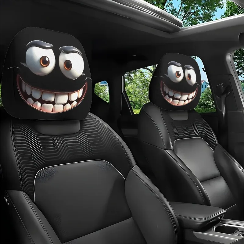 2pcs Funny Big-Eyed Cartoon Print Car Headrest Cover, Suitable For Travel And Daily Commuting,For Halloween Christmas Holiday