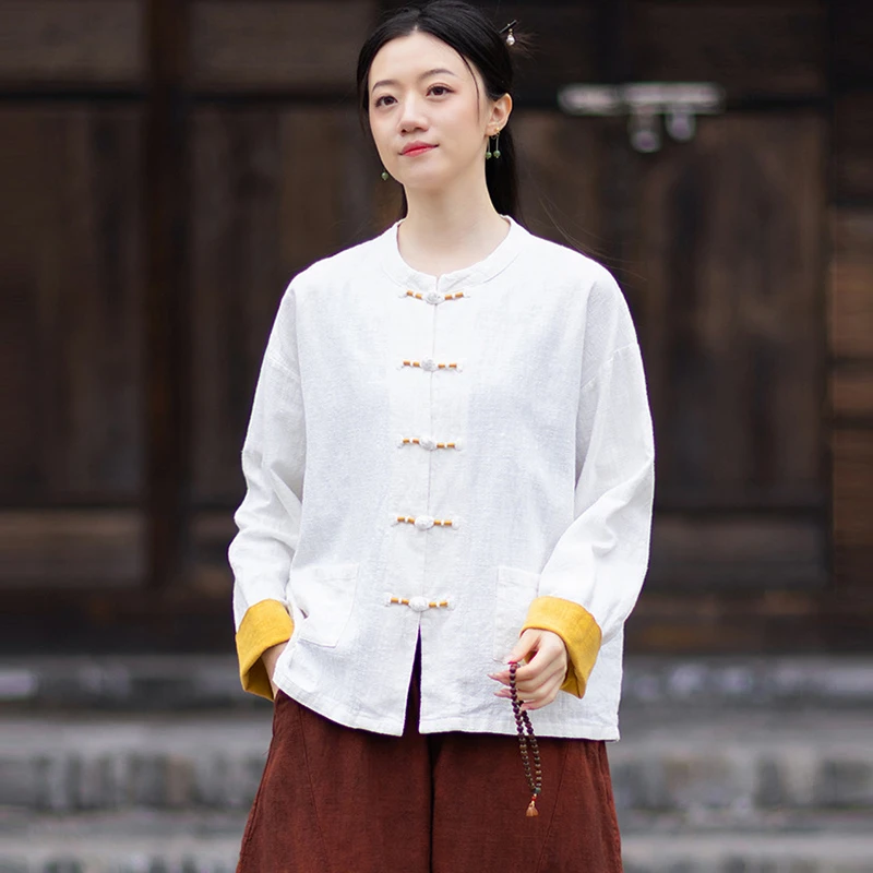 

Chinese Style Women Cotton Linen Casual Jackets New Arrival 2026 Spring Stand Collar Solid Color Female Long Sleeve Coats M2600