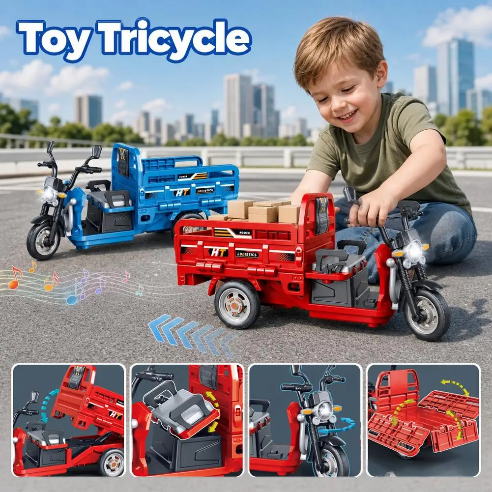 Simulation Tricycle Toy Model Inertia Driving Courier Car Realistic Pull Truck Diecast Toys Kids Pull Back Motorcycle Boy Gift