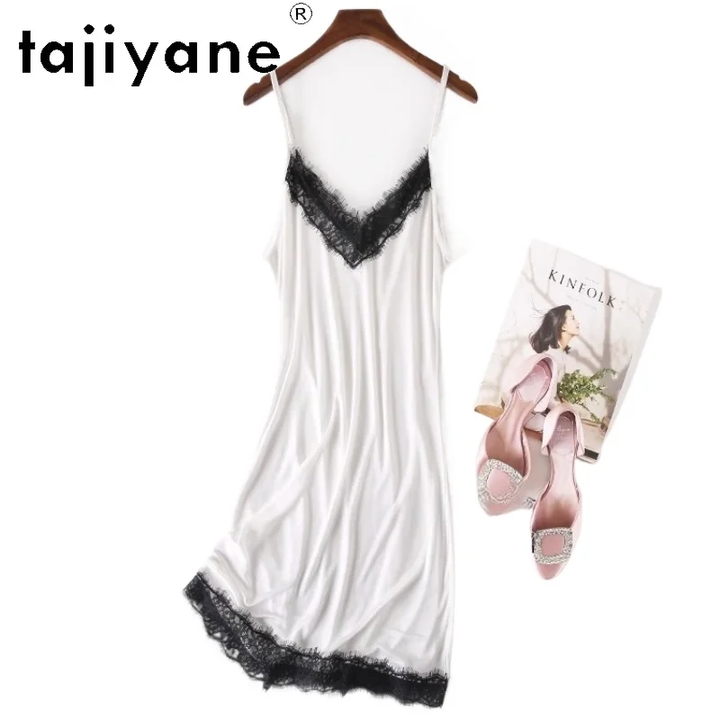 

TAJIYANE 70% Real Mulberry Silk Dresses 2025 Woman Summer Knit Silk Slip Dress Sexy V-neck Frocks Women Clothing платье женское