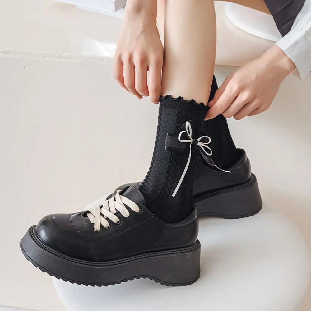 Harajuku Style JK Uniform Socks Lolita For Girls Cotton Double Bow Bow Socks Female Hosiery Ruffle Socks Middle Tube Socks