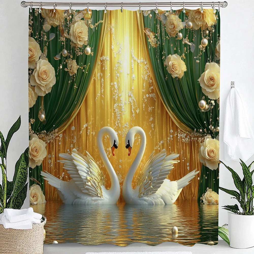 1pc Imitation Golden Swan Print Waterproof Shower Partition Privacy Hanging Curtain with Hooks Multiple Size Machine Washable