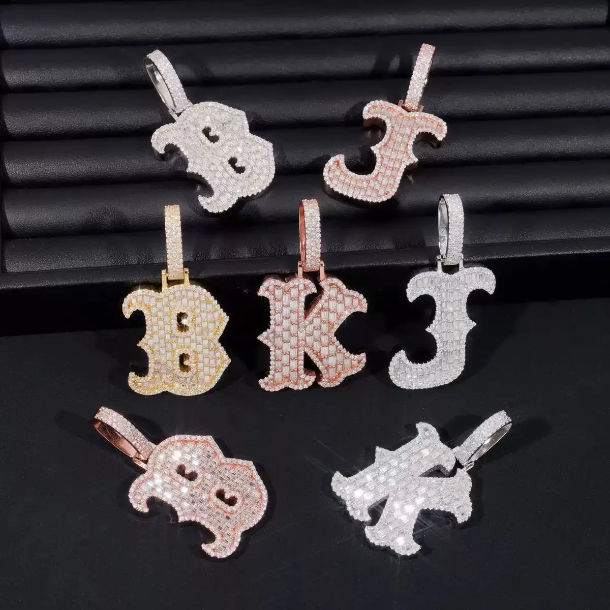 Hiphop Iced Out Baguette Cut Moissanite Letter Pendant 925 Sterling B K J Miami Cuban Letters Pendant Necklace Men Pass Tester