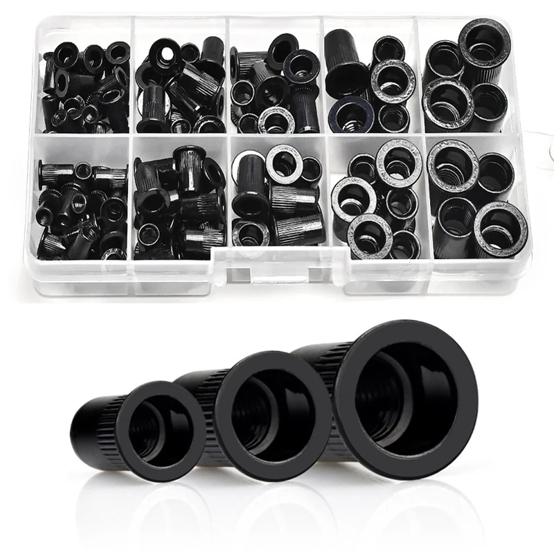 110pcs M3 M4 M5 M6 M8 Black Zinc Plated Carbon Steel Flat Head Rivnut Knurled Rivet Nut Threaded Insert Nuts