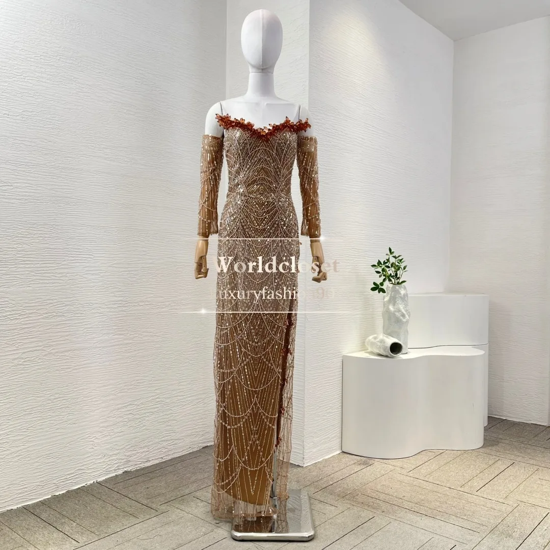 

2025 New Brown Long Sleeve Beaidng Backless Slit Hem Sequins Maxi Dress