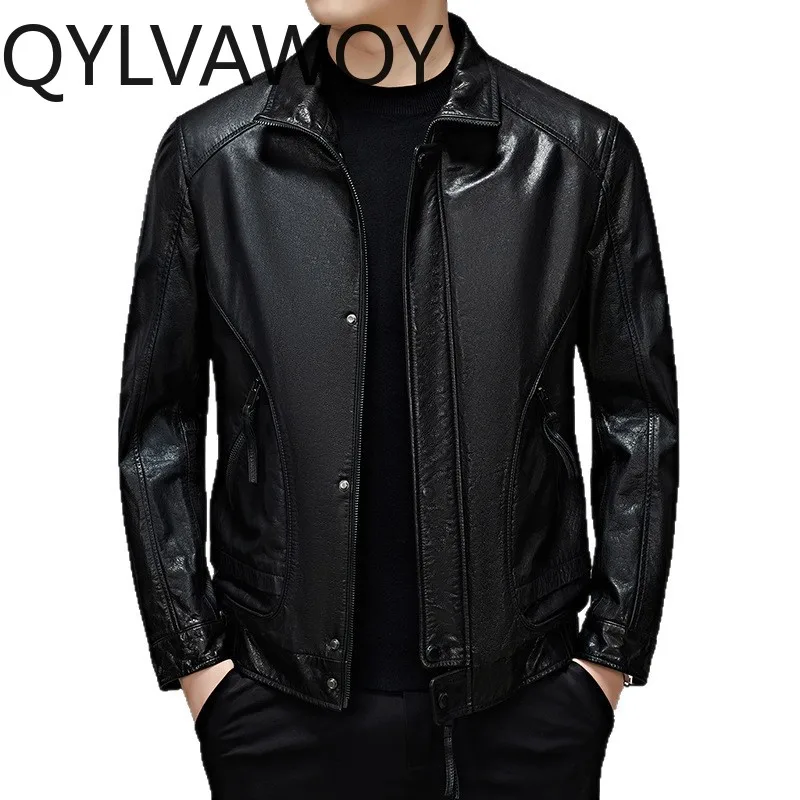 

Мужская кожаная куртка QYLVAWOY из натуральной воловьей кожи, новая осенняя модель, с воротником-стойкой, черная мотоциклетная кожаная куртка, высококачественные куртки для мужчин