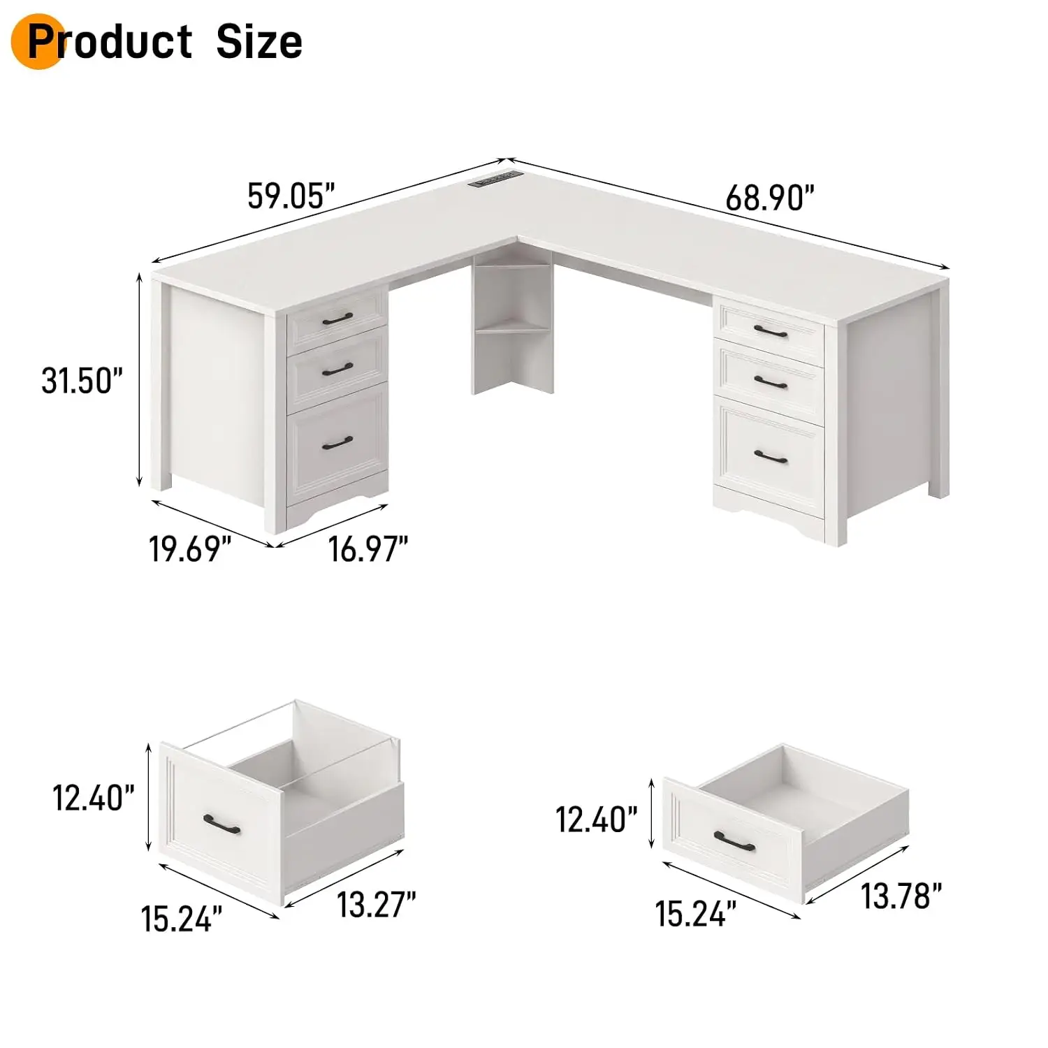 L Shaped Farmhouse Office Desk with 6 Drawers & Power Outlets, Executive Corner Desk with Storage Shelf, Customized
