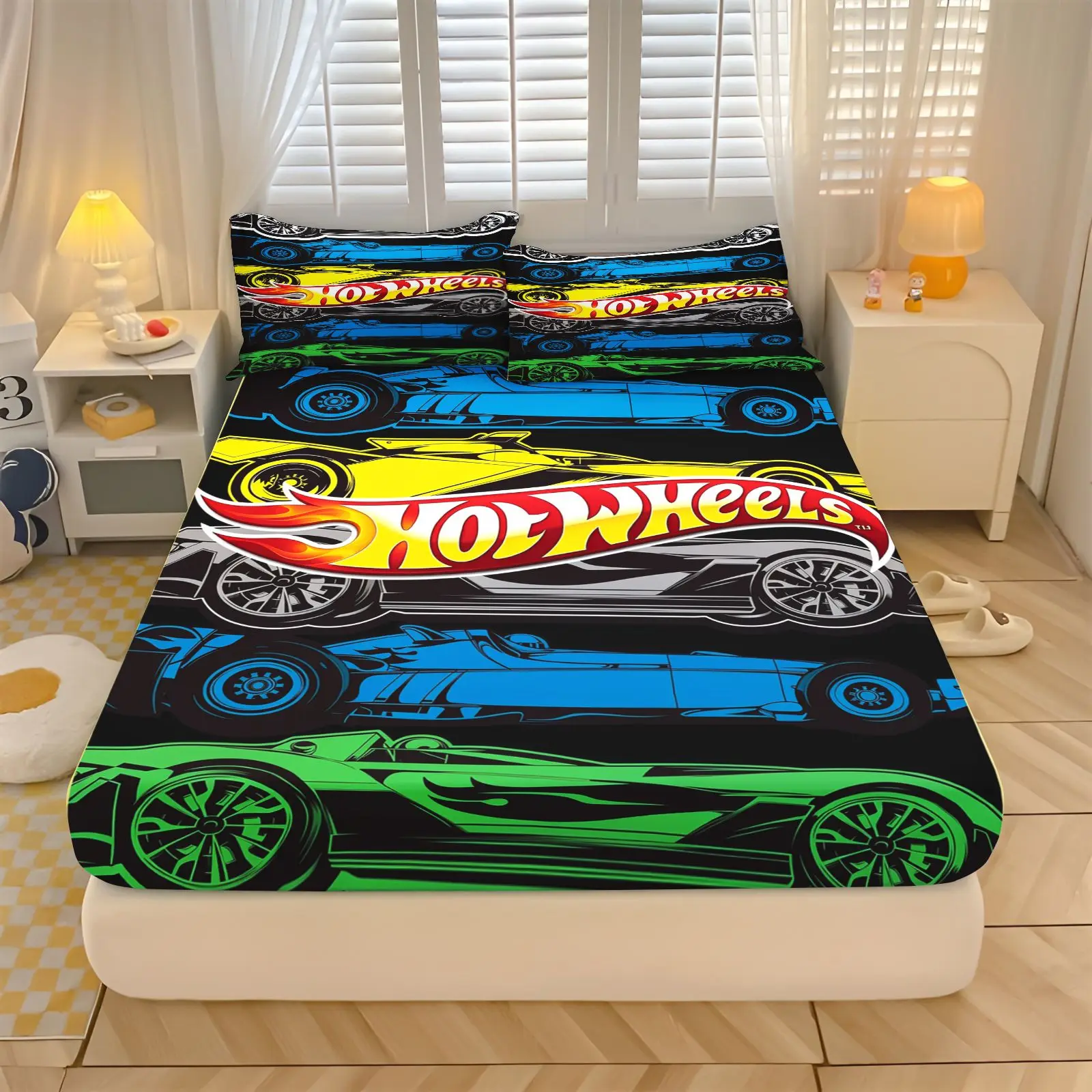 Hot Wheels Racing Car Bedding Set Fitted Sheet Set Cool Flame Race Car Print Elastic Mattress Cover  Boys Bedroom Pillowcases