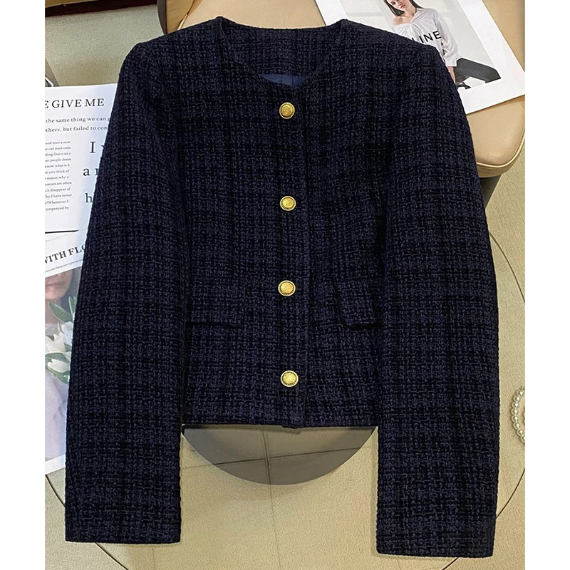 

Korean Navy Blue Jacket Women Vintage Classic Long Sleeve Coat Commuter Single Breasted O Neck Office Lady Elegant Top