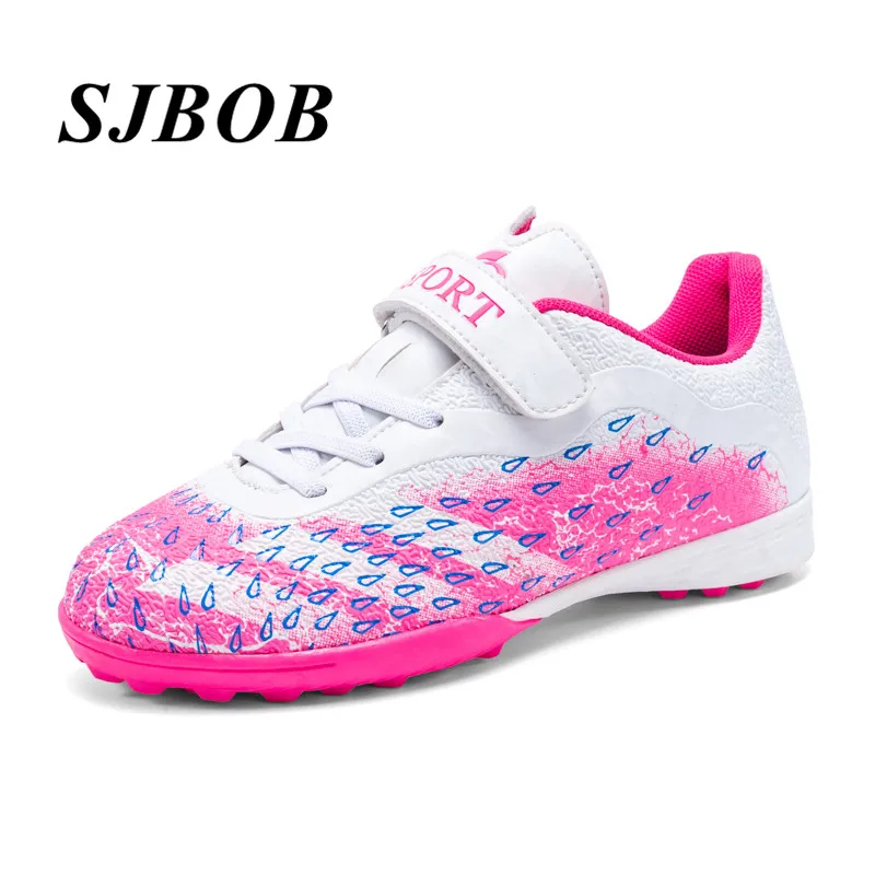 

Professional Childrens Football Shoes Pink Size 30-38 Hook Loop TF Boy Futsal Soccer Shoes Light Non-Slip Girl Training Sneakers