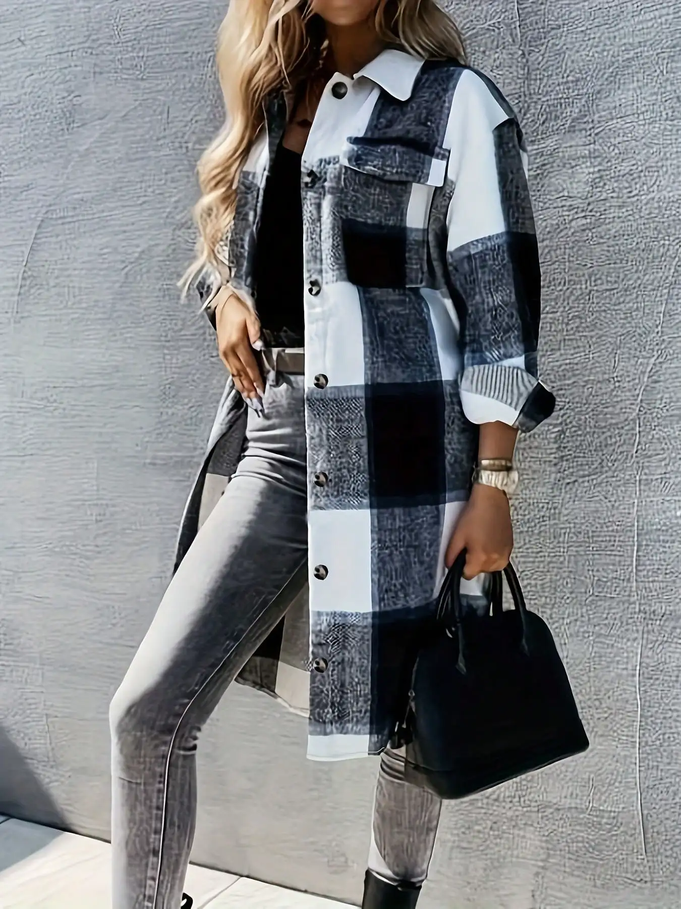 

Women's Long Plaid Shirt Jacket, Casual Button-Front Turn-Down Collar, Y2K Style for Daily Wear & Fall Outfits