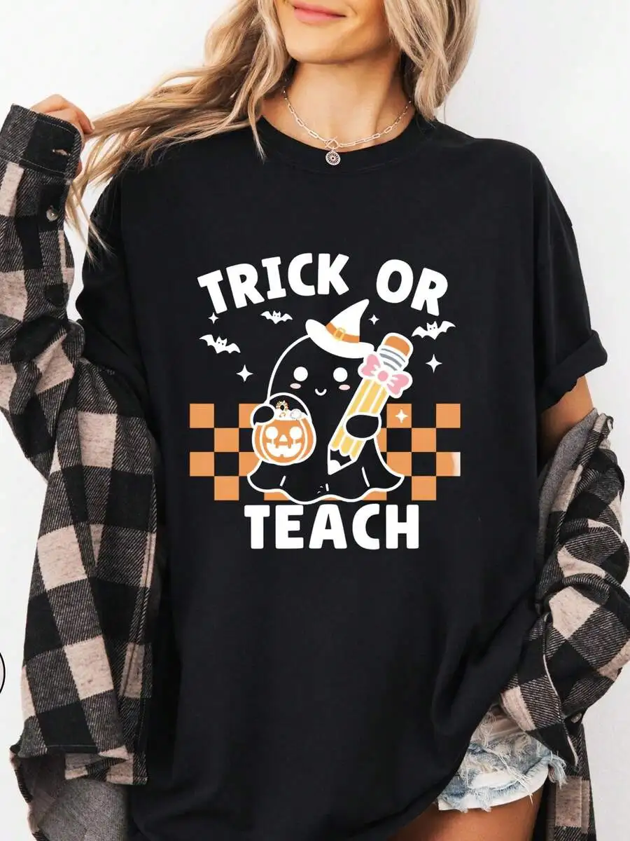 2026 New 100% Cotton Trick Or Teach Graphic T Shirt For Women Cute Ghost Pencil Print Halloween Teacher Short Sleeve Holiday Gift Top